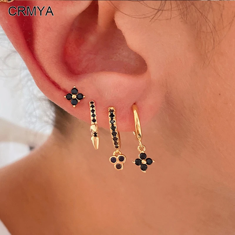 CRMYA Gold Plated Cute Hoop Earrings for Women Piercing Black Cubic Zircon Ear Studs 2022 Girl's Fashion Jewelry Wholesale