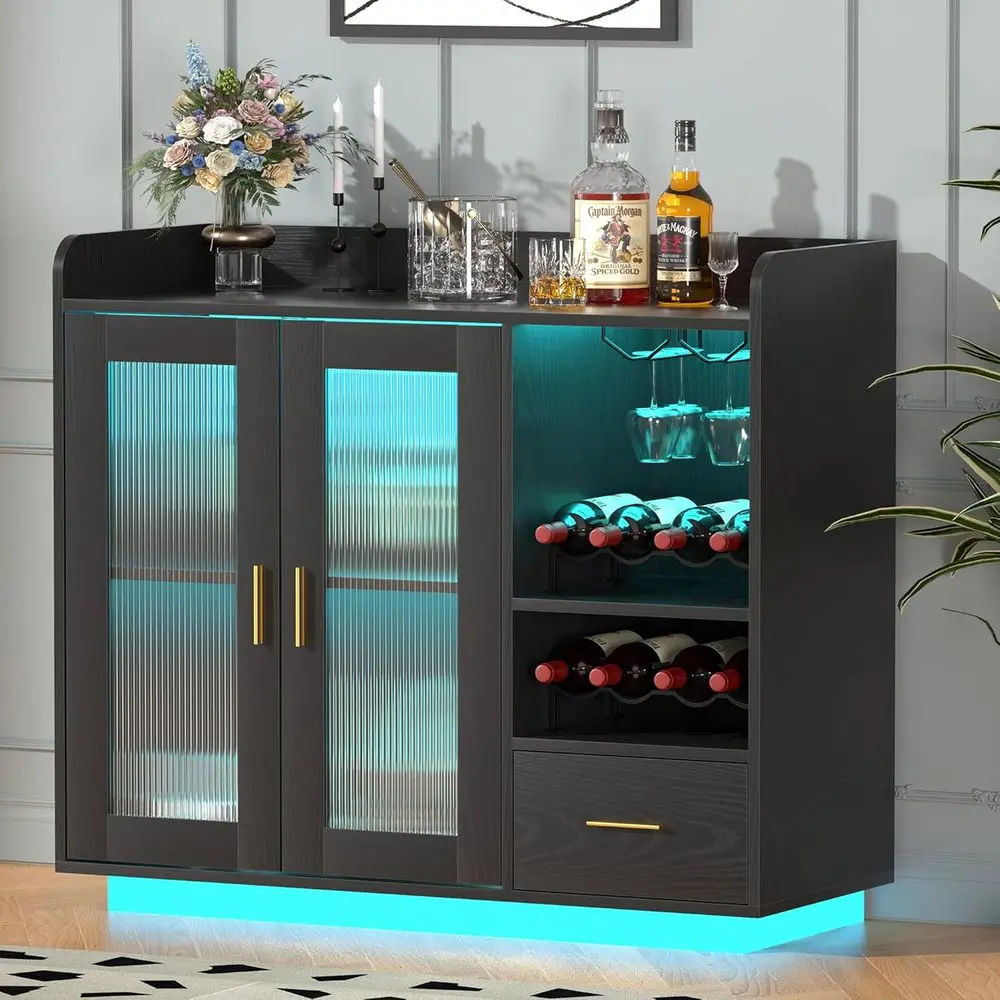 

LED-Illuminated Wine and Glass Cabinet, Floating Kitchen Sideboard, 35.43W x 15.75H x 39.37D, Holds 8 Bottles & 4 Glasses