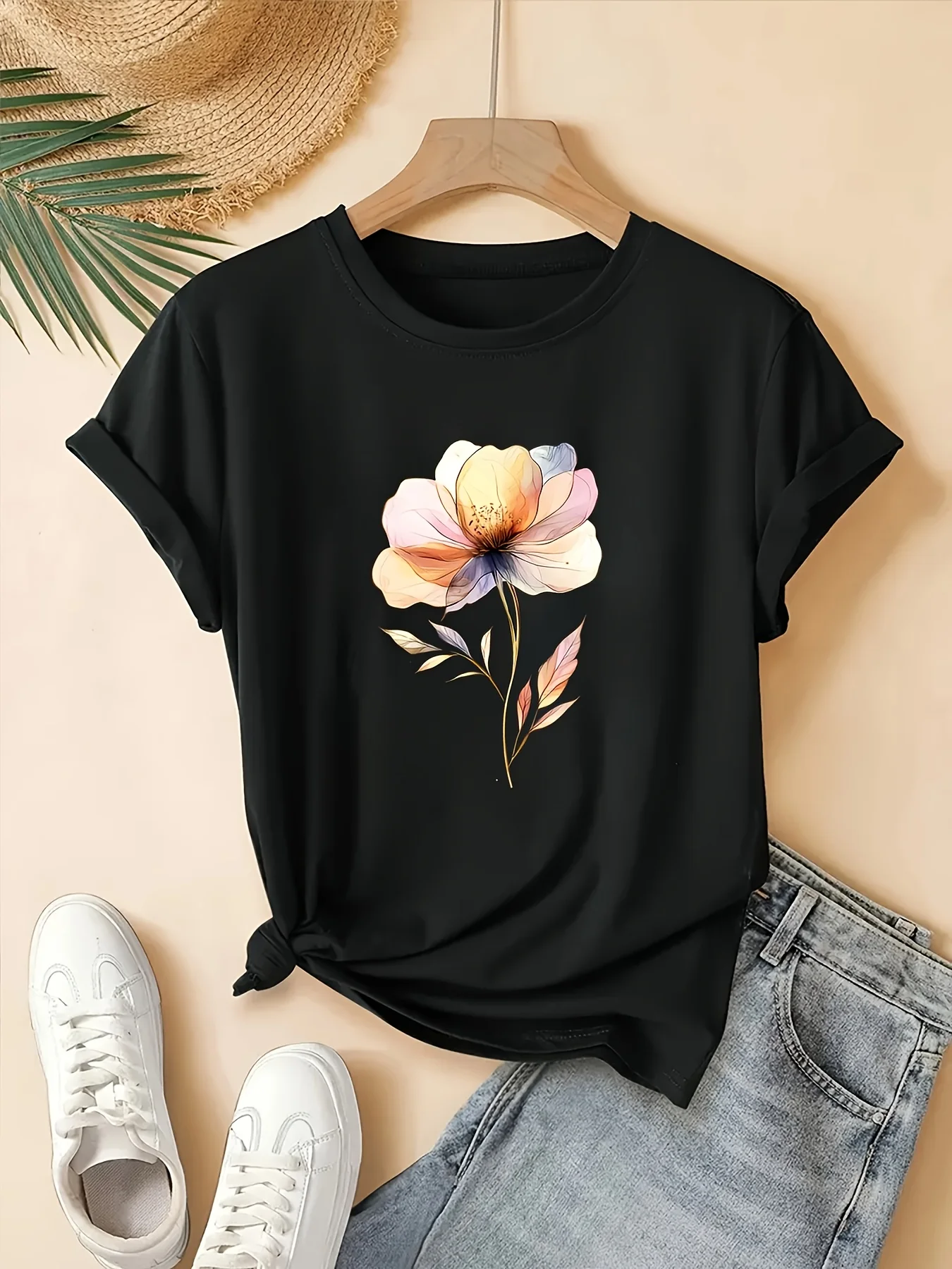 

Женская повседневная футболка с коротким рукавом и разноцветным цветочным принтом на черном эластичном топе с круглым вырезом Harajuku Повседневная с коротким рукавом