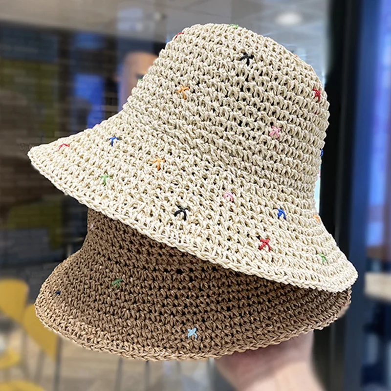 

Летняя пляжная шляпа-ведро из бумажной соломы для женщин, вязаная крючком ручной работы, высокое качество, уличный солнцезащитный козырек с широкими полями, красочная рыбацкая кепка