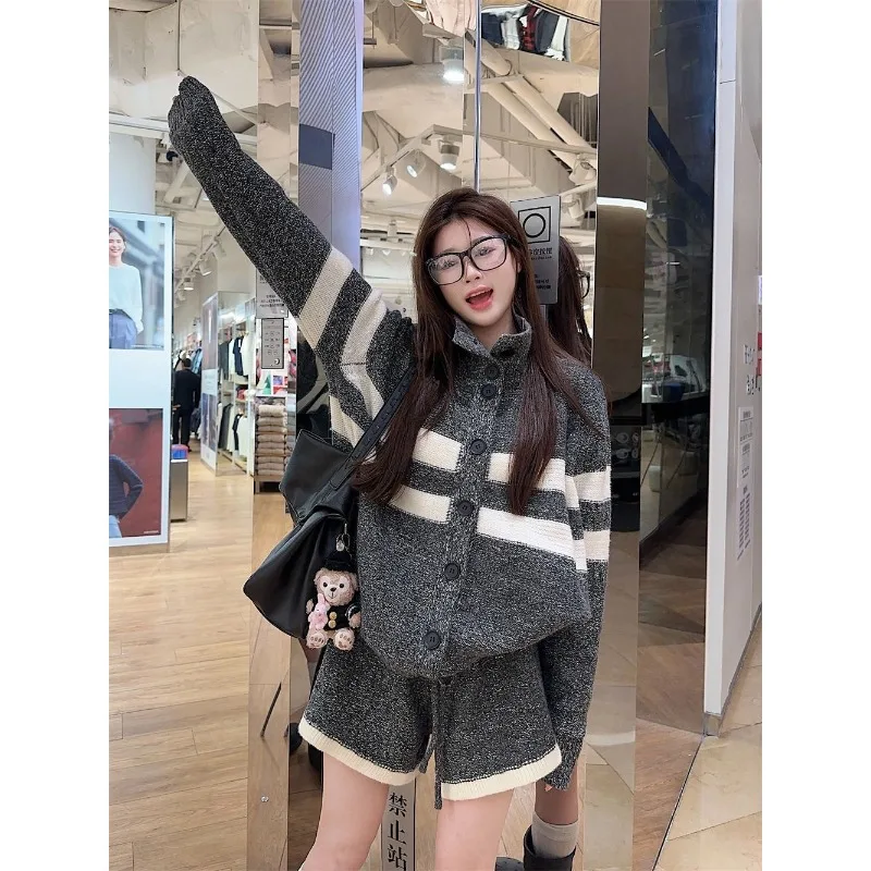 

Autumn Spring Women's Wear Knitwear Jackets Shorts Two-Piece Sets New Arrivals Stripes Turtleneck High-Waisted Patchwork Casual