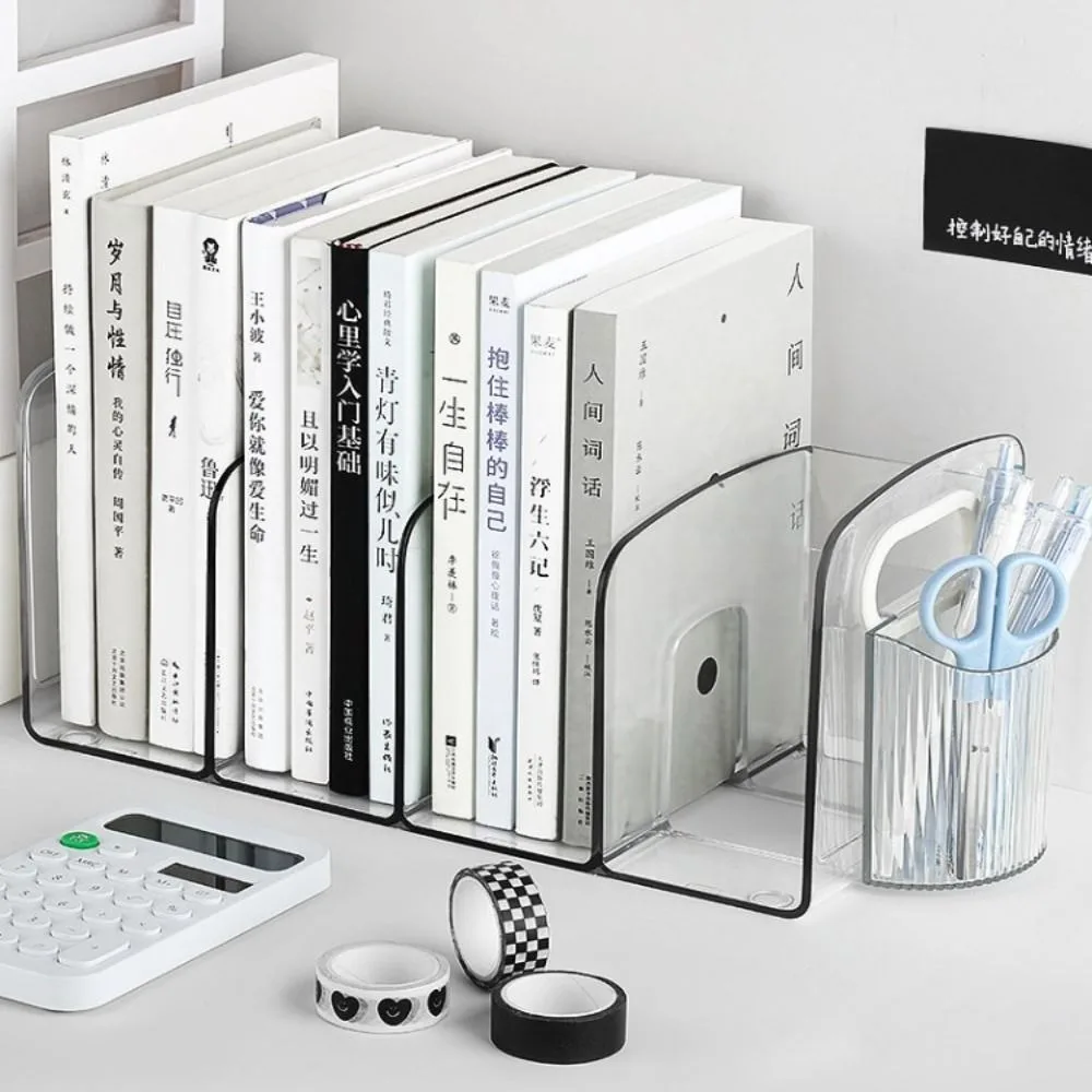 

Book Holder Save Space Handle Bookends Durable Display Divider Book Stand Simple Transparent Desk Storage Rack Bookshelf