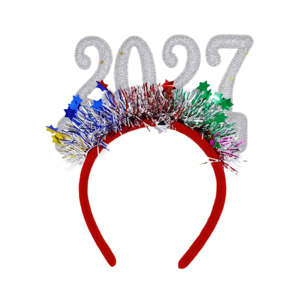 Adjustable Size 2027 Christmas Headband Light-Up Function Glitter Sequined New Year Headpiece Plastic Frame Flexible Design