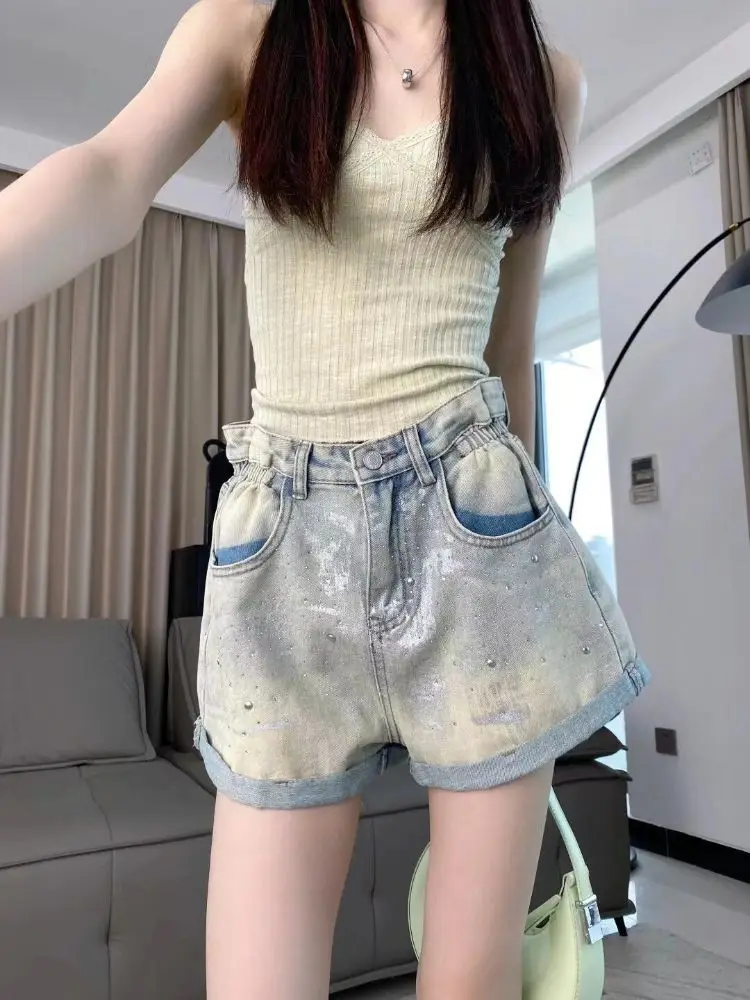 American Retro Jeans Shorts For Women In Summer Thin High Waist And Crimping Edge A-Line Wide-Leg Hot Pants