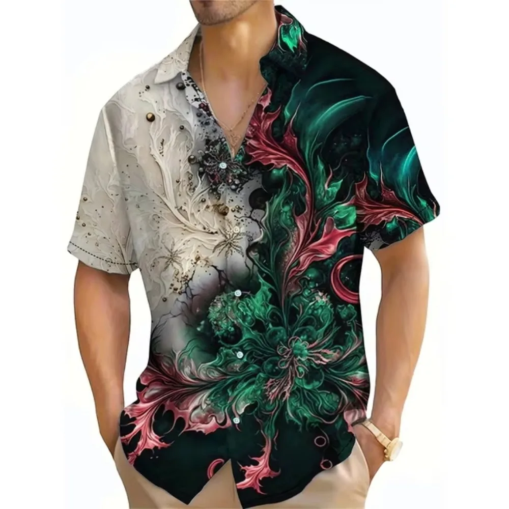 Vintage-Blumenmuster, 3D-gedrucktes Herren-Hemd mit Farbblock-Motiv, kurzärmelig, Revers, hawaiianischer Stil für den Sommerurlaub, übergroße Oberteile