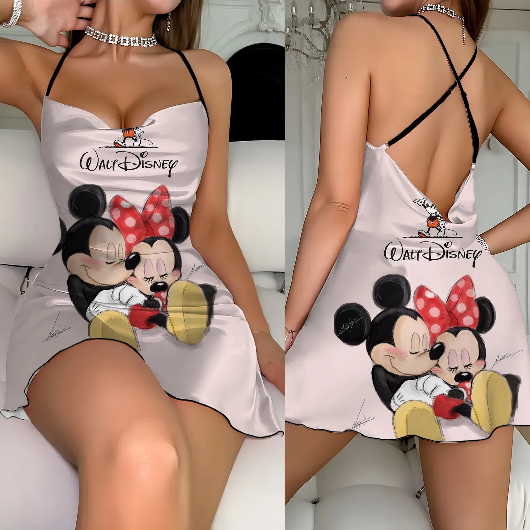 

Mickey Disney Lettuce Trim Fashion Summer Dresses 2024 Cross Suspender Dress Minnie Mouse Crew Neck Elegant Women Backless Neck