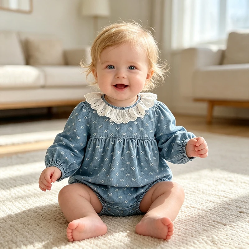 Koreanischer 0-24M Baby Mädchen Denim-Strampler mit Spitzen-Rüschenkragen, Schleifendruck und Puffärmeln, Frühling Herbst Neugeborenen Mädchen Outfit