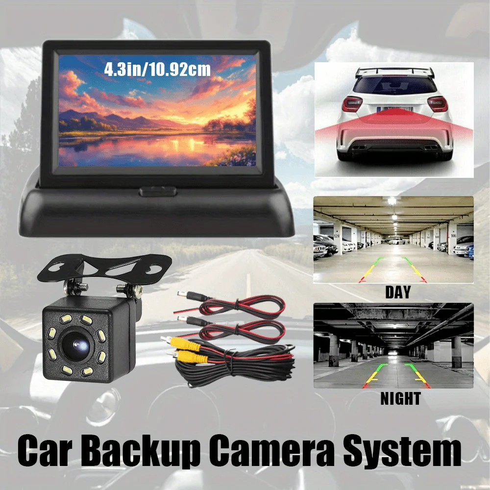 4.3-Inch Foldable HD Monitor with 8 LED Lights Reverse Camera Kit, a Complete Night Vision Rearview Camera System, Wide-Angle