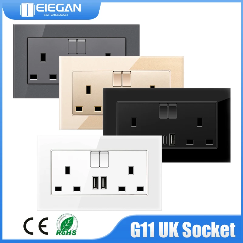 Double 13A British Three Hole USB Switch Socket UK Standard 110V-250V Toughened Glass Wall Power Socket Grounding House Type