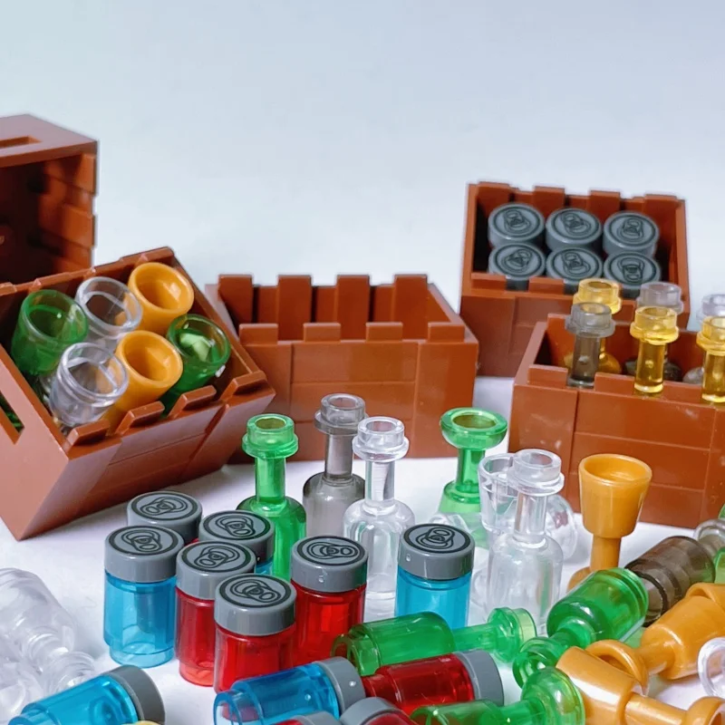 Weinflaschen, Tassen und Highball-Gläser mit Holzkisten, kleine Partikel, DIY-Bausteine-Set, Zubehör, zufälliger Artikel
