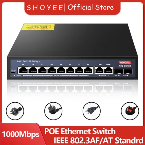 Conmutador Ethernet Gigabit POE RJ45 de 12 puertos 52V SFP con enlace ascendente 802.3af/at Plug and Play no administrado, para cámara IP/NVR