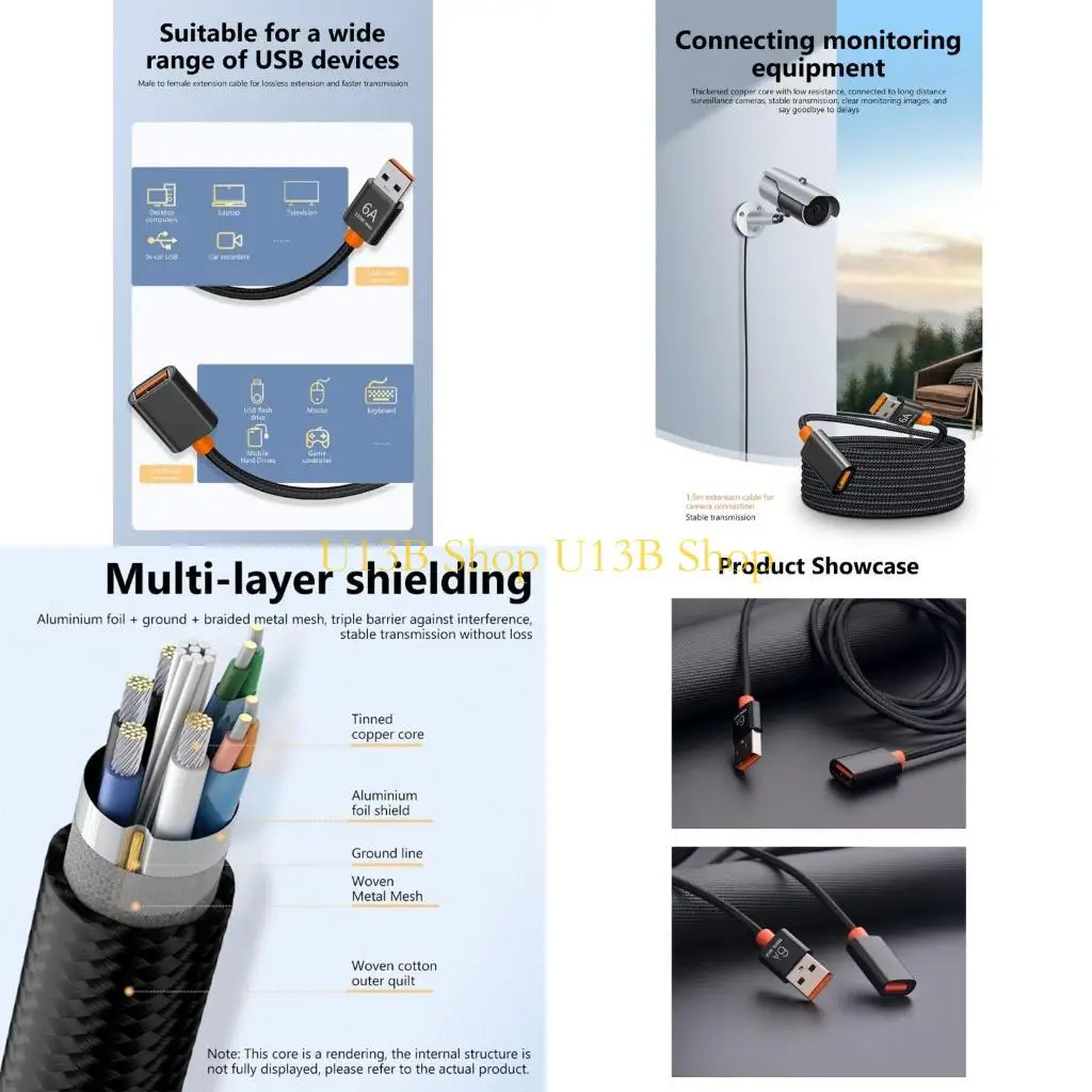 

U13B USB Extender Cable 150cm USB Fast Charging Cable Cord 59.06in