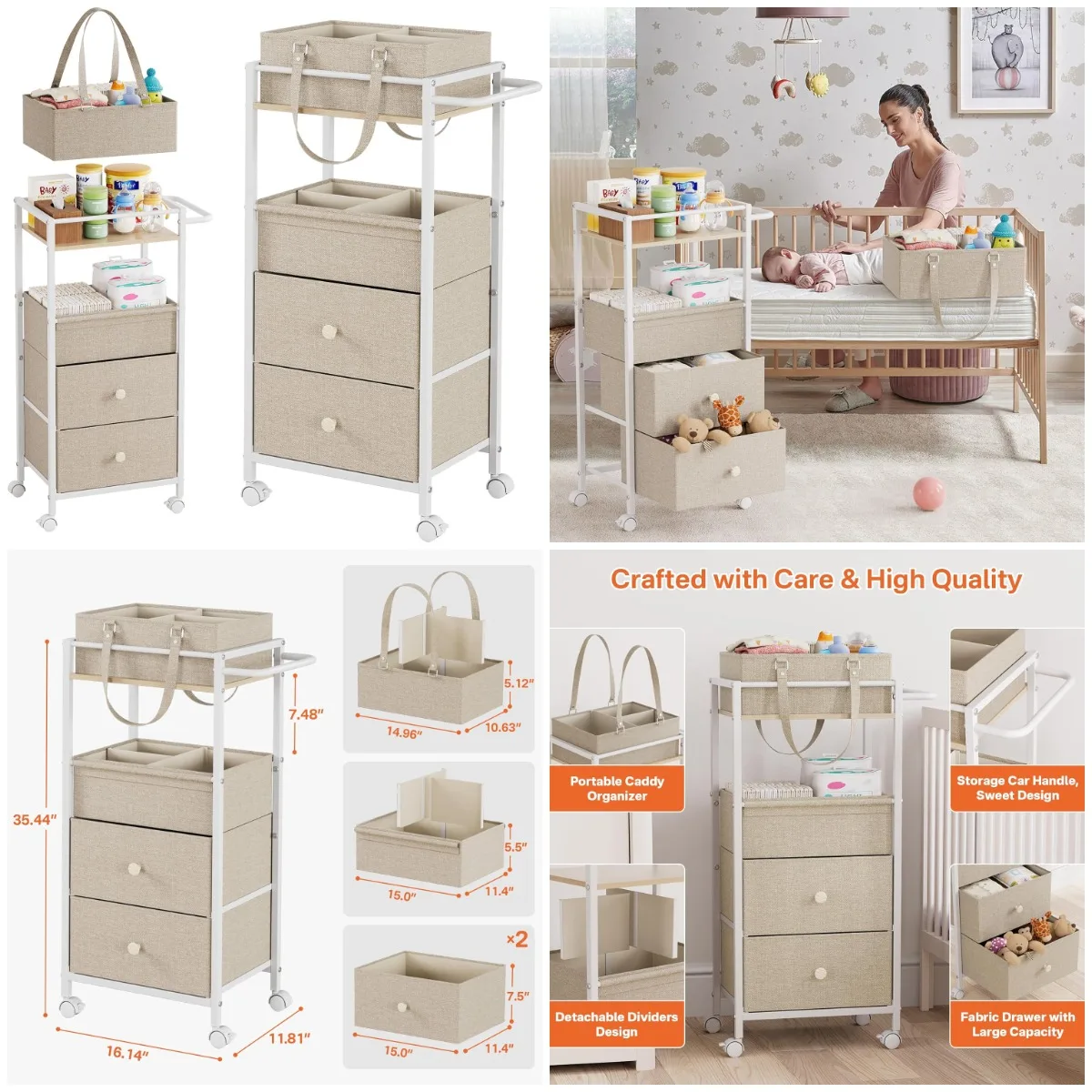 

Тележка-органайзер для детских подгузников с ящиками — тележка для хранения на колесиках 3-в-1, съемная тележка для подгузников, съемные перегородки — скидка W