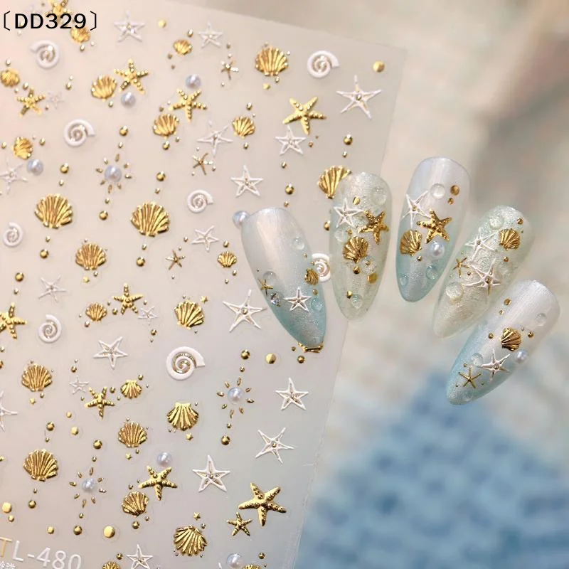 Gold Stamped Shell Conch Scallop Starfish Pearl 5D Embossed Self Adhesive Nail Art Stickers Delicate Manicure Decals〔DD329〕