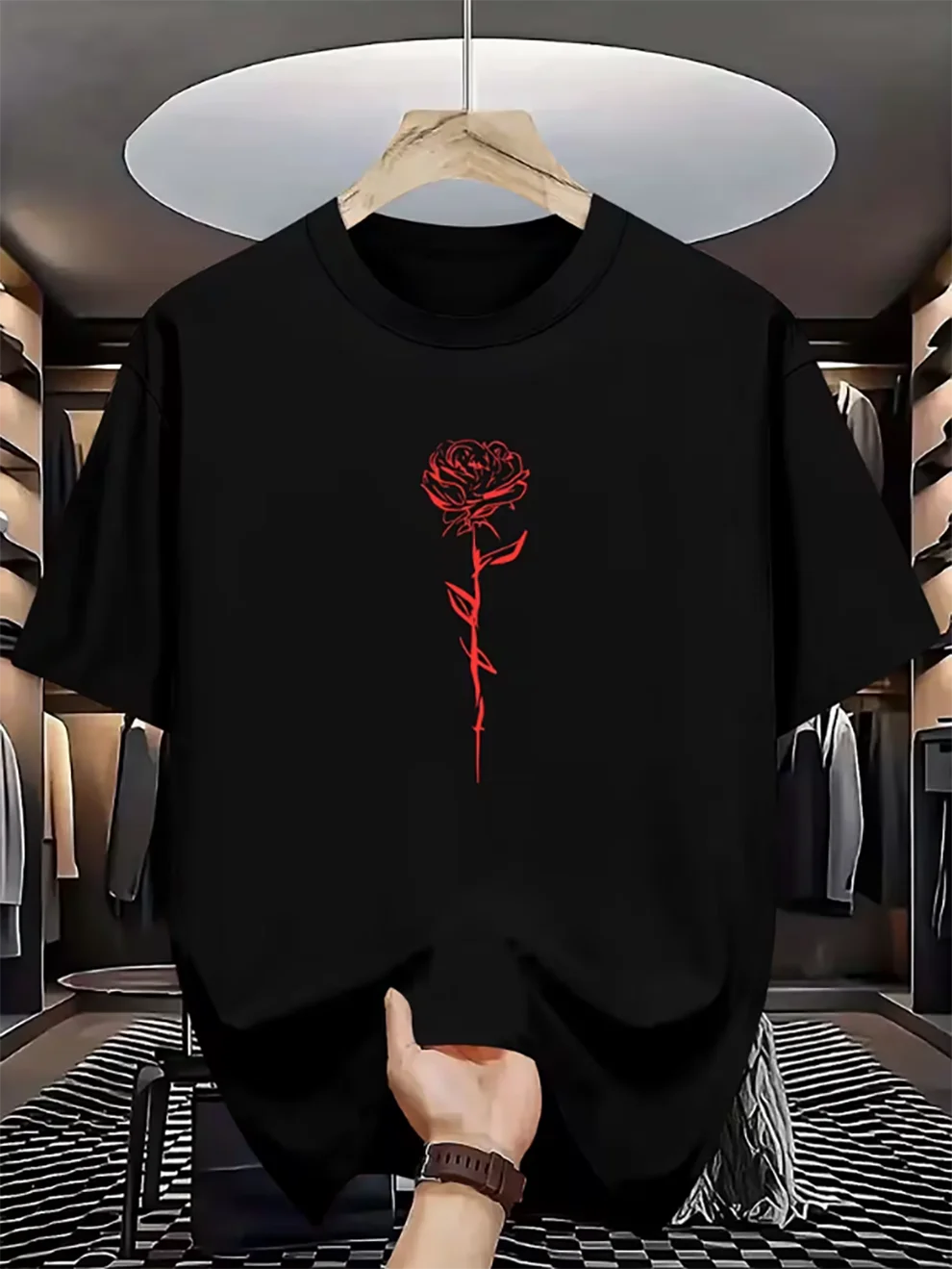 Men Quick Dry Sports T Shirt Minimal Red Line Rose Print Lightweight Crew Neck Summer Gym Daily Casual Tees