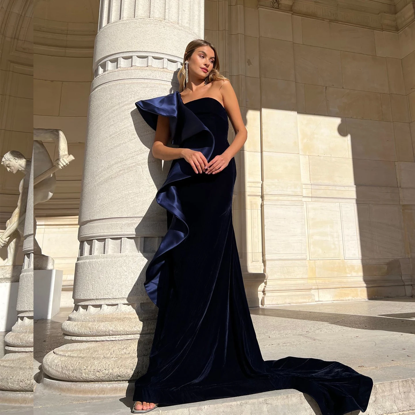 Remote Moon Blue One Shoulder Mermaid Evening Dresses with Ruffle Elegant Floor-Length Wedding Guest Prom Gowns MN571 Customized