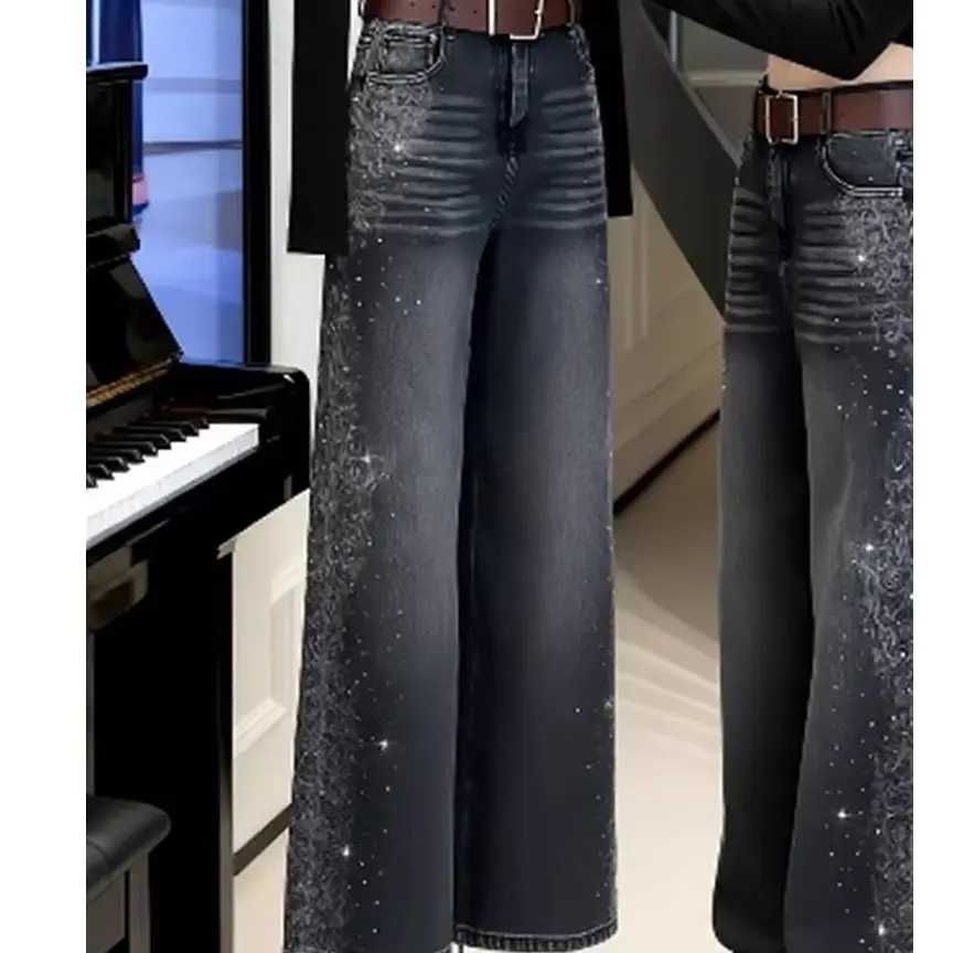 Gradient Black Gray Denim Pants for Women Trendy Glitter Diamonds Straight Full Trousers High Waist Rivet Design Wide Leg Jeans