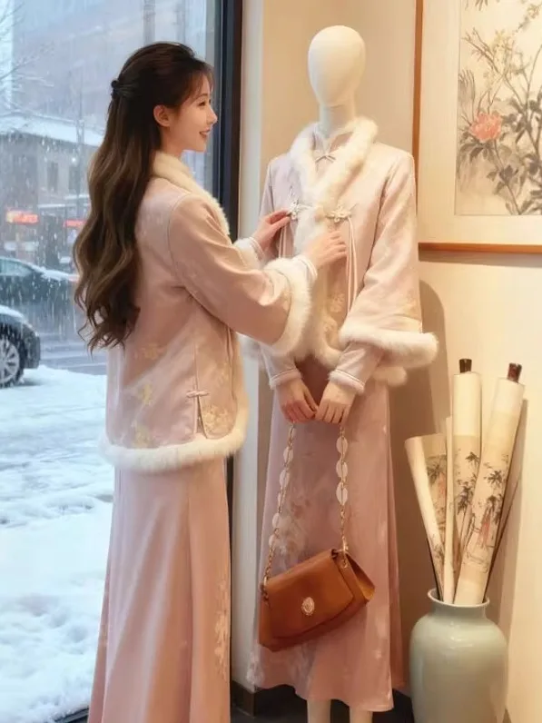 

Комплект из двух предметов: хлопковый жакет и чипао. Нежный, элегантный, высококачественный. Осенняя мода. Удобная женская одежда.