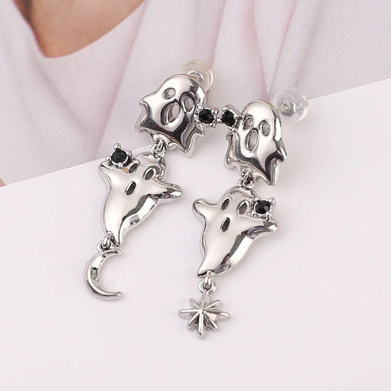 Europe and America Silver Color Black Zircon Star Moon Ghost Earrings UNISEX Halloween Happy Night Hip Hop Party Jewelry Earring