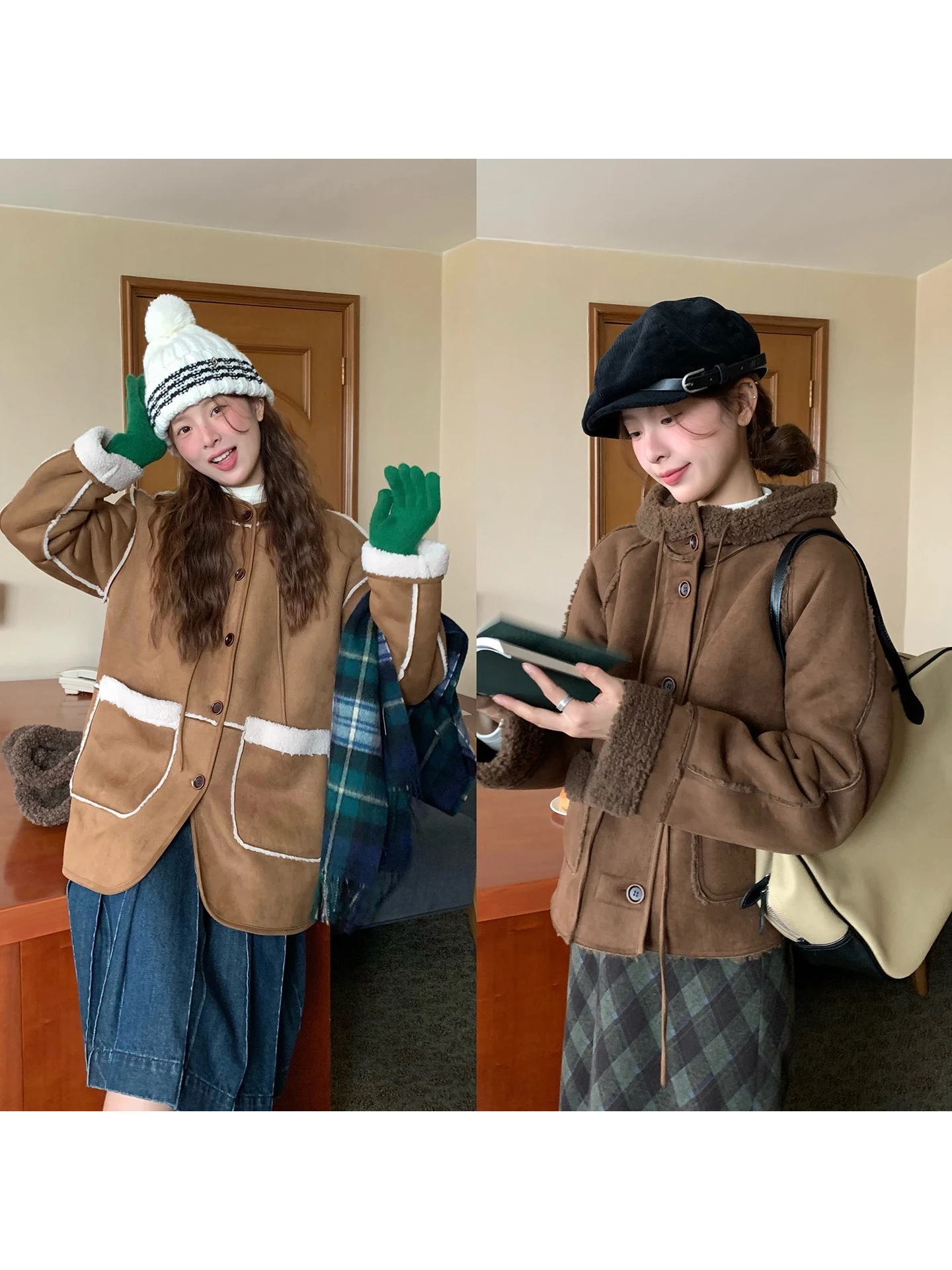 

WHYSTUDIO Двусторонняя замша из овечьего меха в стиле ретро, теплое зимнее пальто с капюшоном, свободная посадка, длинный све, женское...