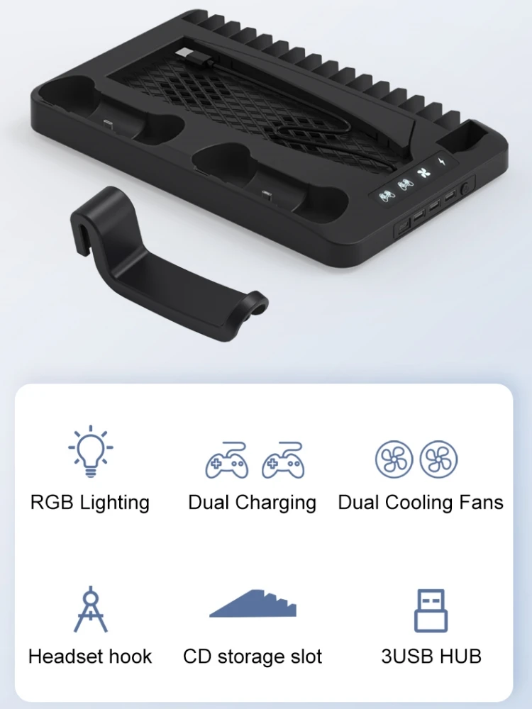 P58 Vertical Stand RGB Cooling Station For PS5 Console Base Holder Dual Controller Charging Dock For PS5 Disc & Digital Editions