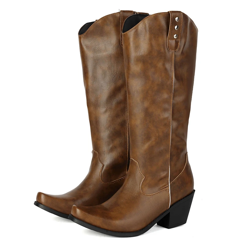 

Vintage Women's Knee High Boots Black Brown Western Cowboys Riding Boot Chunky Low Heels Long Footwear Shoes Ladies Large Size