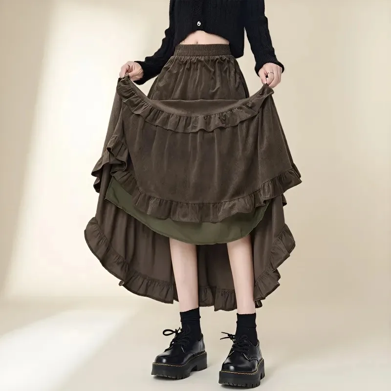 

Autumn and Winter Skirt, Brown Black Ears Spliced skirt Women's New Cake Skirt Large Pleated Umbrella Skirt