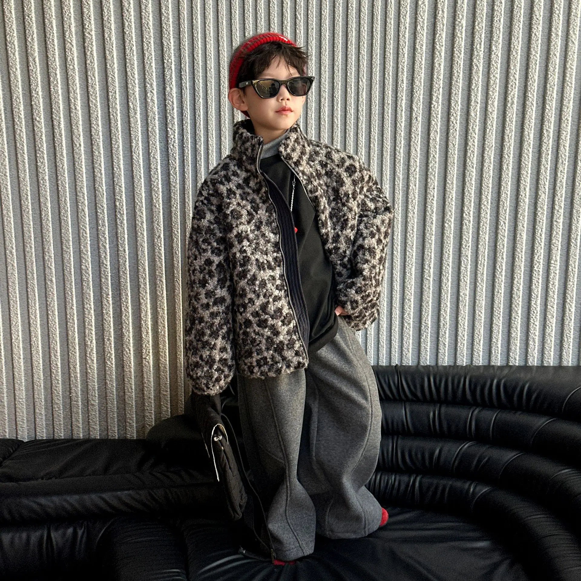 Children Boys Winter Woolen Coat Leopard Warm Padded Outwear Coat For Young Teenagers Boys Turtleneck Zipper Kids Boys Jackets