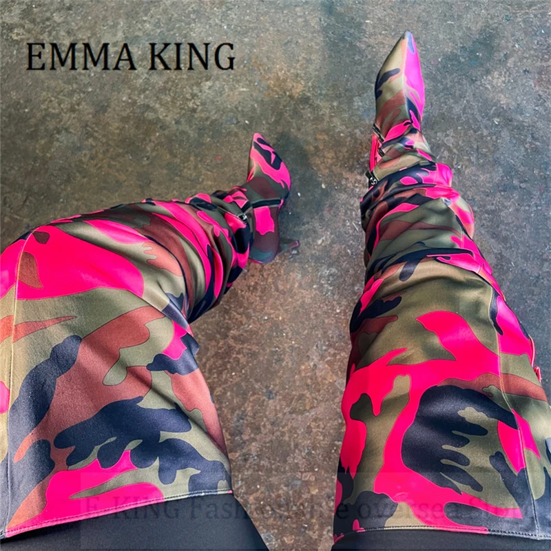 Women Pink Camouflage Thigh High Boots Female Pocket Details Over-the-knee Stiletto Boots Pointy Toe Side Zipper Botines Mujer