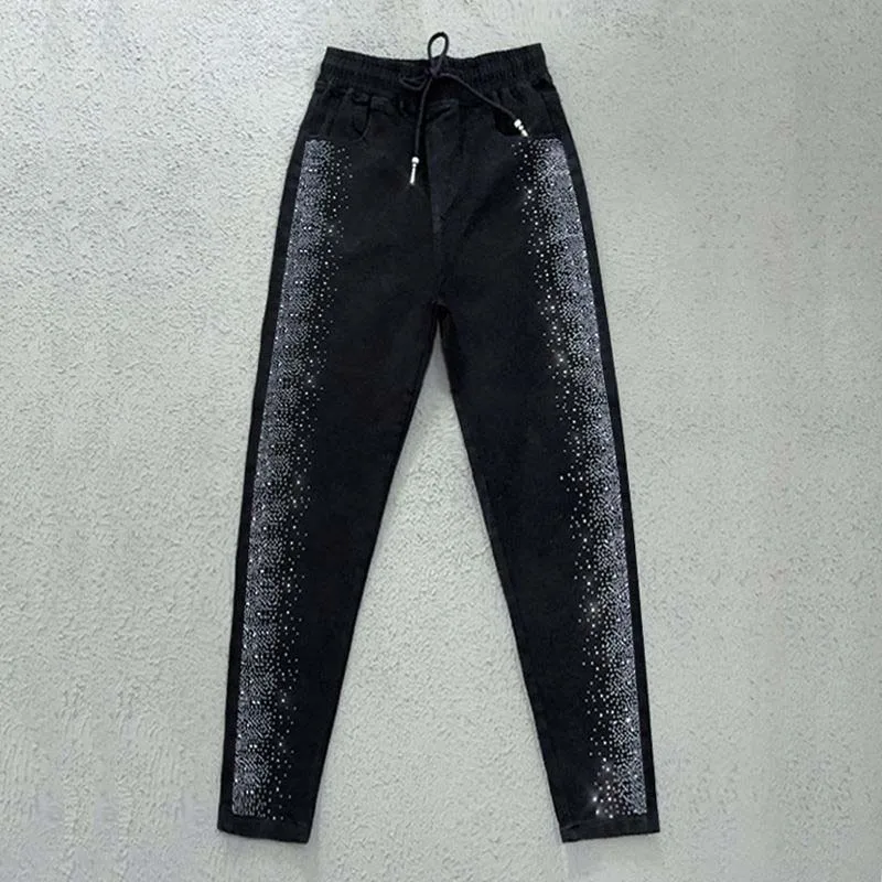 Korean New 2026 Spring Autumn Hot Drilling Elastic Jeans Women's Loose High-waisted Haren Denim Pants Female Casual Wild Jeans