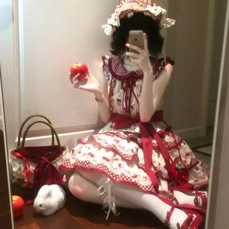 

Cherry Y2K Bow Dresses Girls Doll Neck Dresses Cosplay Japanese Sweet Patchwork PVC Plaid A-line Puffy Skirt Party Dresses New