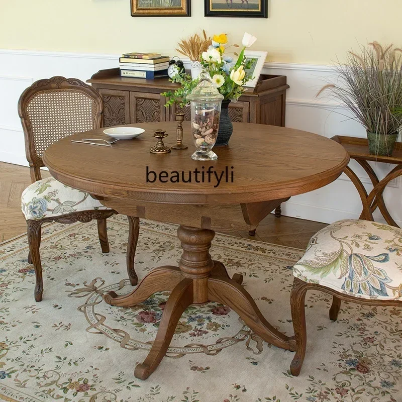 

TTT American country all solid wood retractable dining table retro oak retractable living room round table