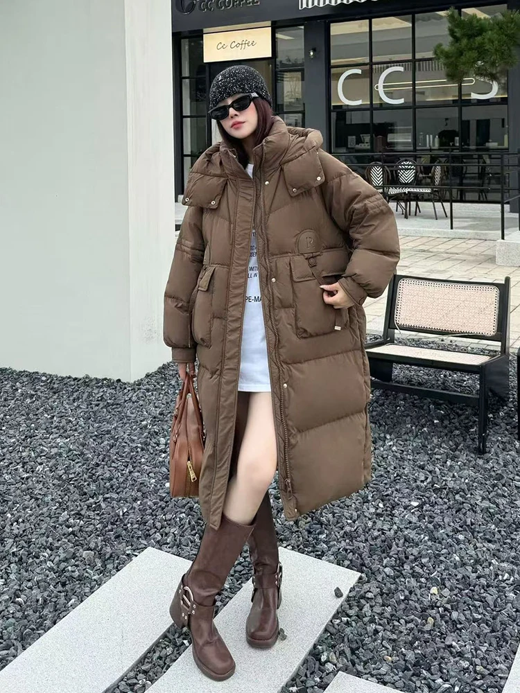 

Winter Solid Hooded Long Warm Down Jacket Women White Duck Down Thick Knee Length Down Jacket Female Pocket Puff Parker Outwears