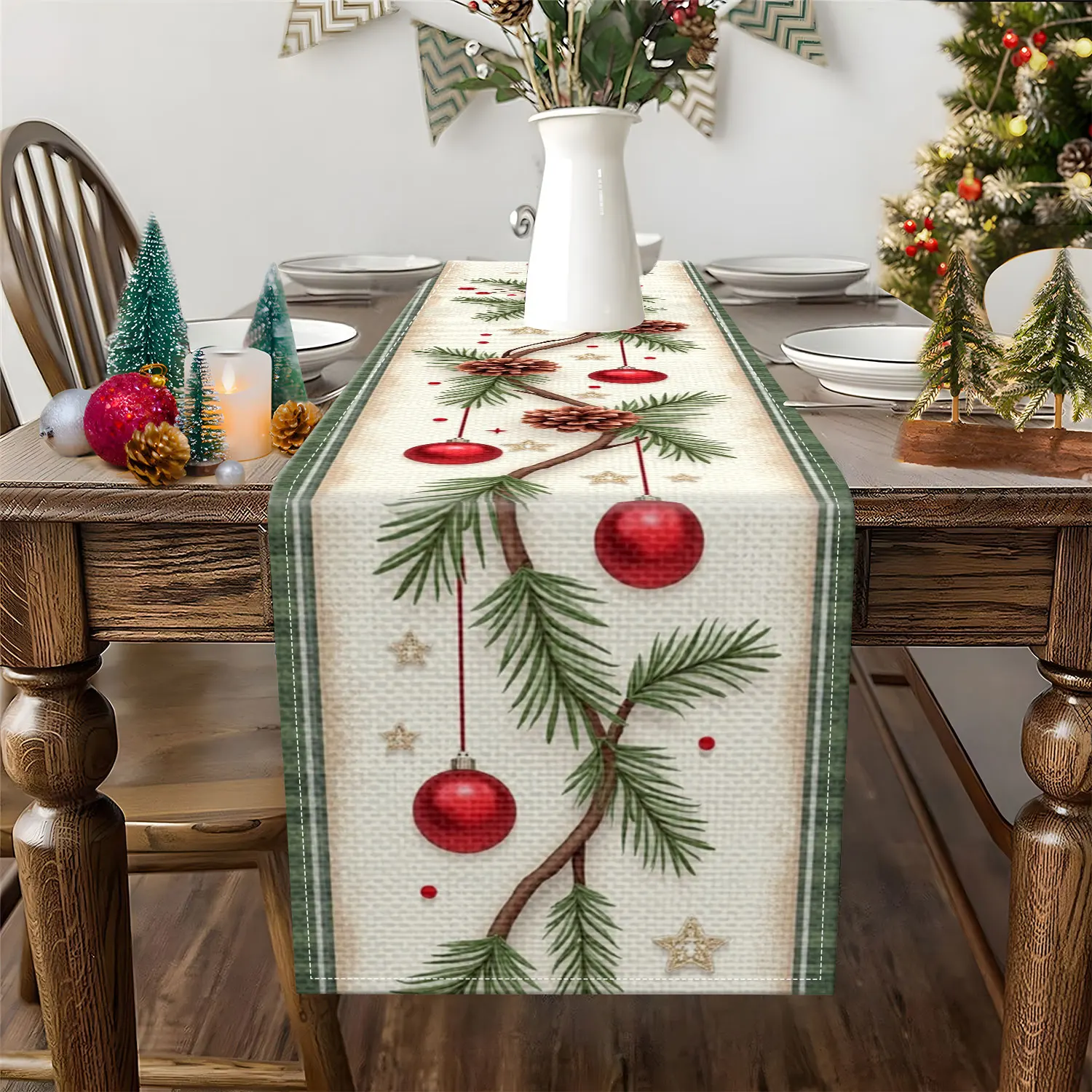 1 Piece of Christmas Plaid Pine Branch Table Runner, Decorated with Pine Branches, Pine Cones, Red Ornaments, and Stars, Suitable for Christmas and Holiday Decorations