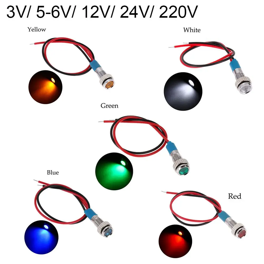 1Pc Car Truck Boat Red Yellow Blue Green White With Wire 6mm 3V 5V 6V 9V 12V 24V 220V LED Metal Indicator Light Signal Lamp