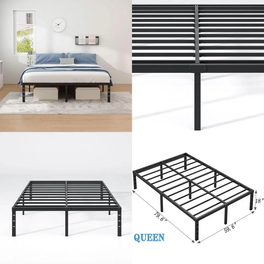 

Queen Size Metal Bed Frame with Storage, Heavy Duty, Easy Assembly, No Box Spring, 18 Inch Black Mattress Foundation
