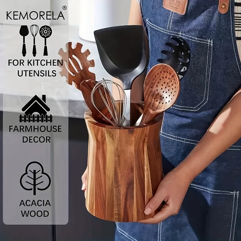 KEMORELA 360-Degree Rotating Utensil Holder - Wooden Countertop Organizer for Spoons Spatulas Ladles Space-Saving Spinning Caddy