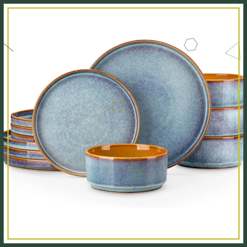 

12-Piece Blue Ceramic Dinnerware Set for 4, Reactive Glaze Plates and Bowls, Dishwasher & Microwave Safe