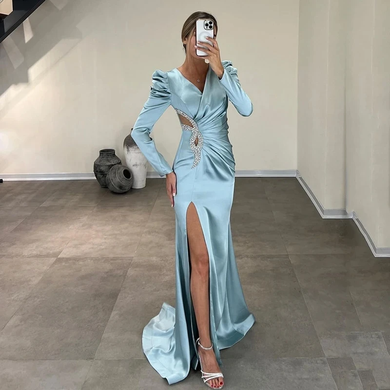 Sexy Side Slit Evening Dresses Smooth Ruched Satin Trumpet Ball Gowns Long Sleeve Cut Out Woman's Formal Bride Party Vestidos