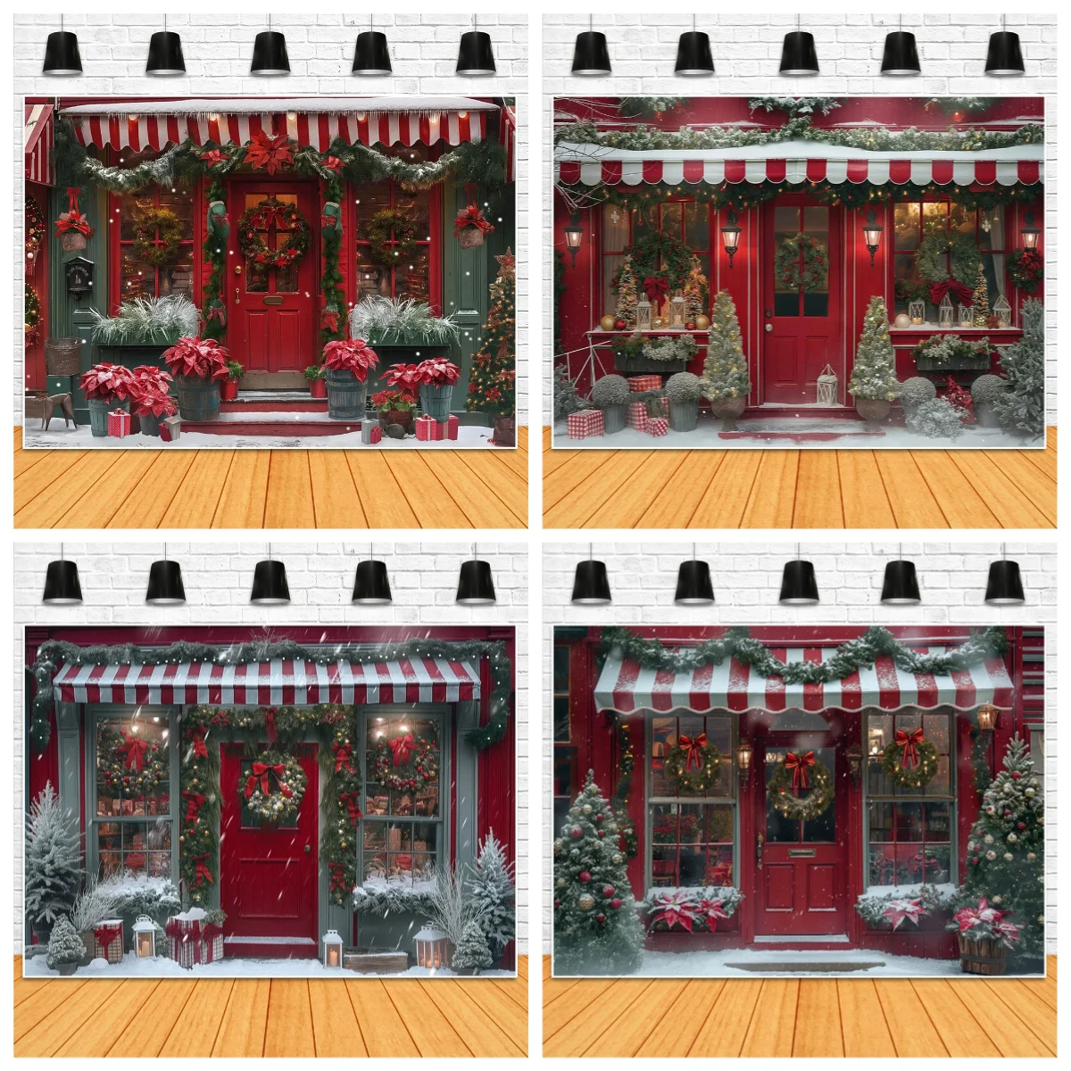 

Christmas Gift Shop Backdrop for Photography Red Vintage Door Window Snowflake Winter Kids Photo Background Shoot Props