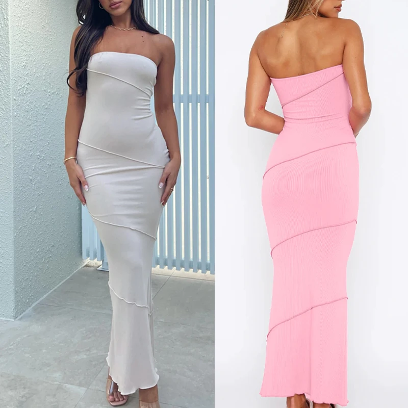 2024 Summer New Dresses for Women Fashion Sexy Strapless Solid Color Ribbed Slim Fit Sleeveless Bodycon Maxi Dress