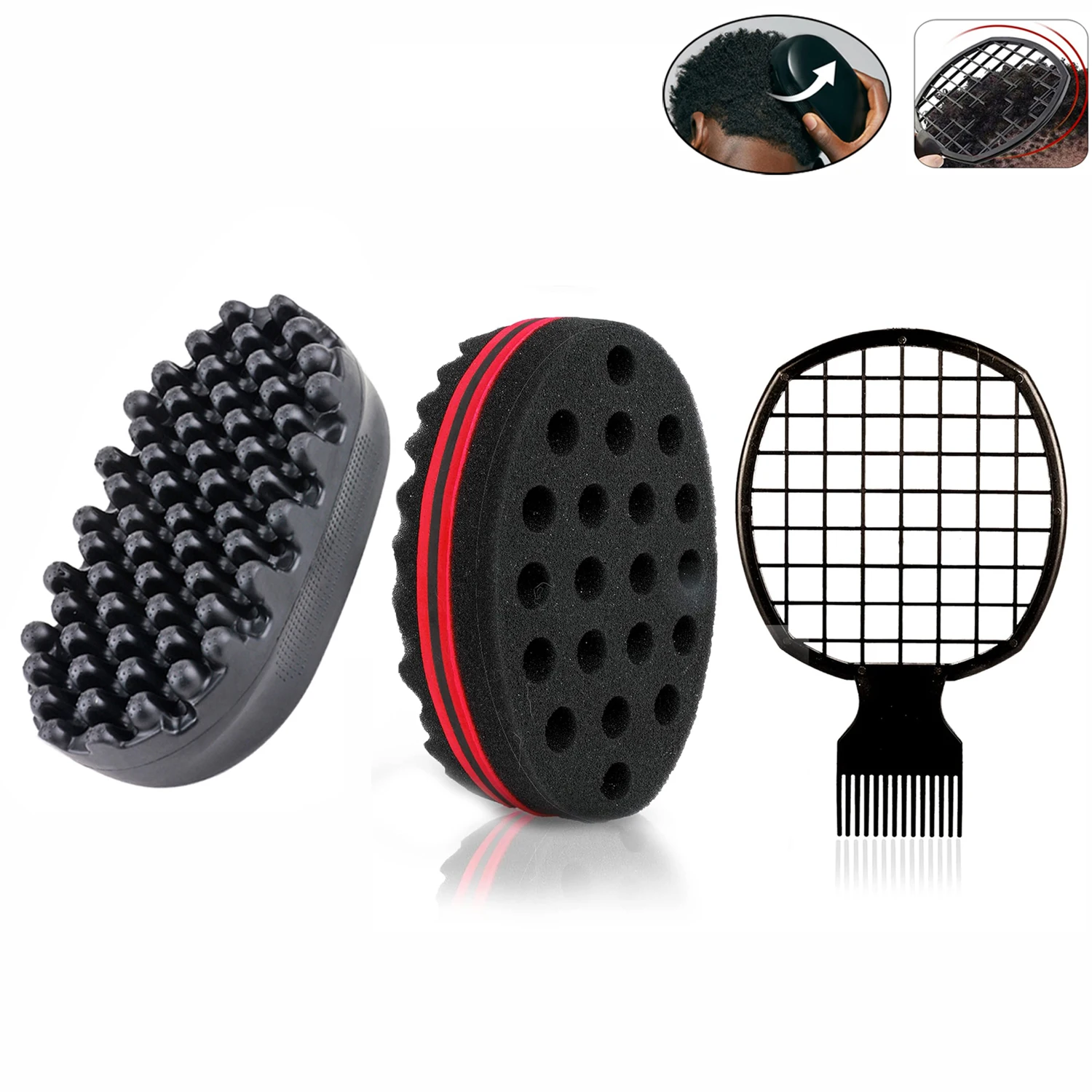 3Pcs Set Hair Tools Curly Sponge Rubber Curly Hair Brush ABS African Style Comb Combination Installation