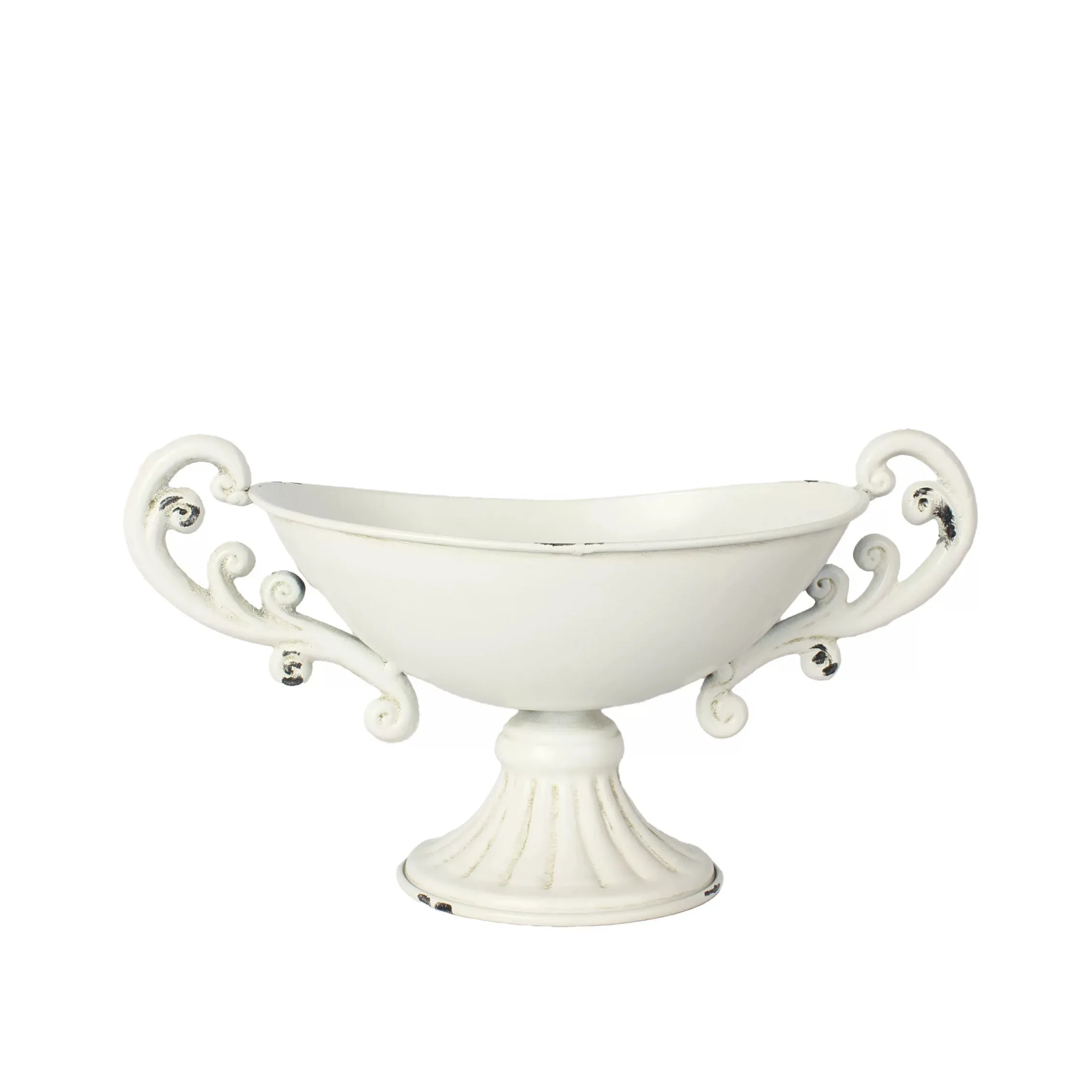 

Vintage Pedestal Bowl with Ornate Handles, Antique White Distressed Finish, Iron Metal Compote, 26cm Wide, Decorative Centerpiec