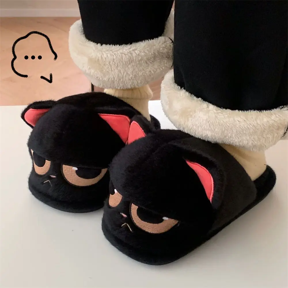 New big eyes angry kitty slippers woman indoor fuzzy shoes women's winter warm cat slippers floor shoes fur slides house shoes