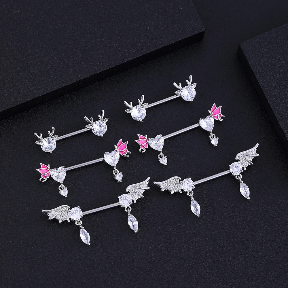 A Pair Cute Heart Dangled Nipple Piercings Barbell for Women Pink Color Moon Butterfly Shaped Sexy Nipple Rings Shield Bar Sets