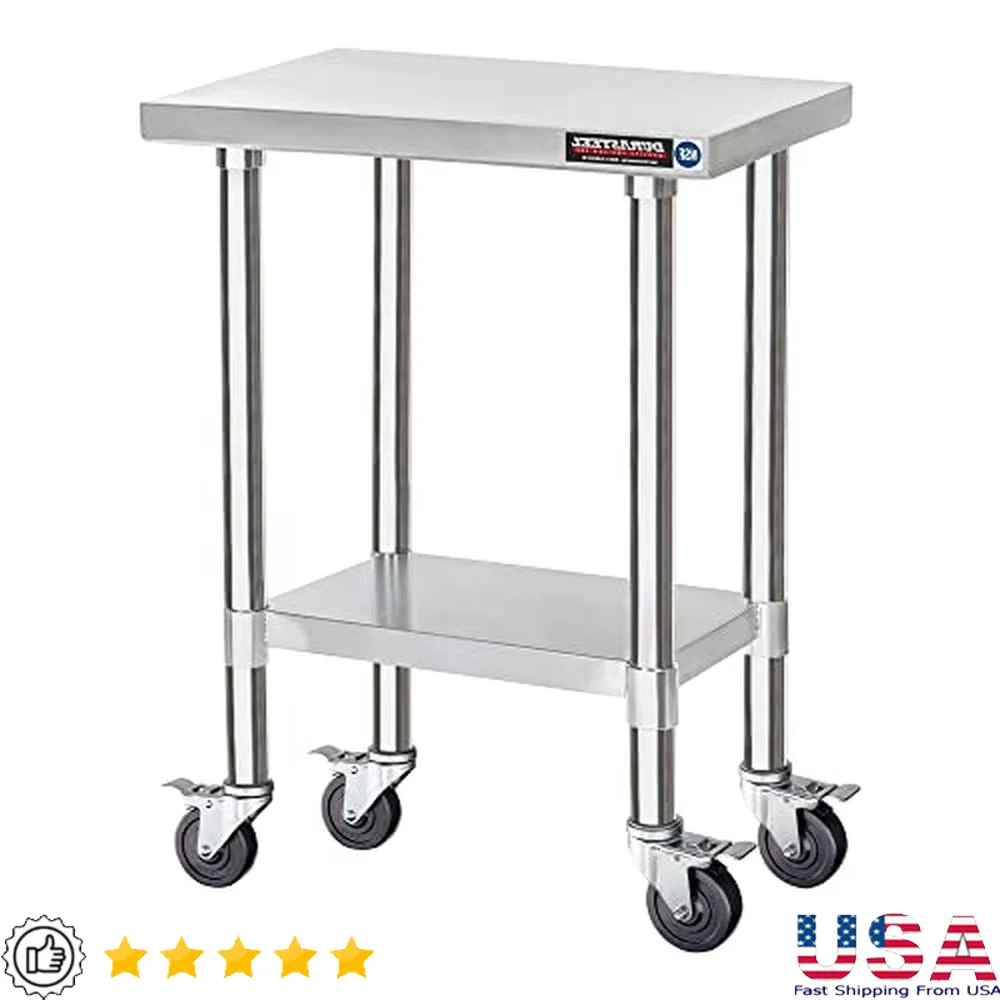 

Stainless Steel Food Prep Table Commercial Workbench Caster Wheels Adjustable Undershelf NSF Certified Heavy Duty Metal Cart