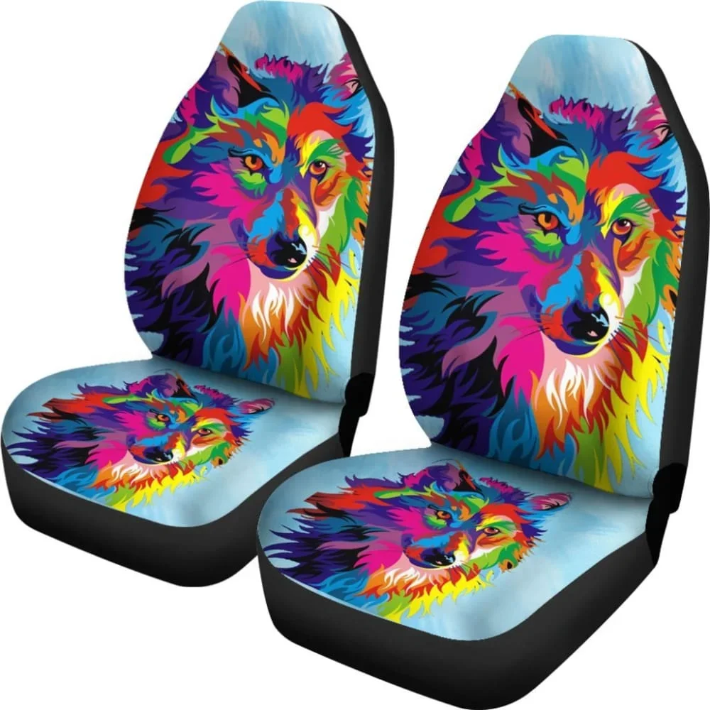 Rainbow Wolf Car Seat Covers,Pack of 2 Universal Front Seat Protective Cover