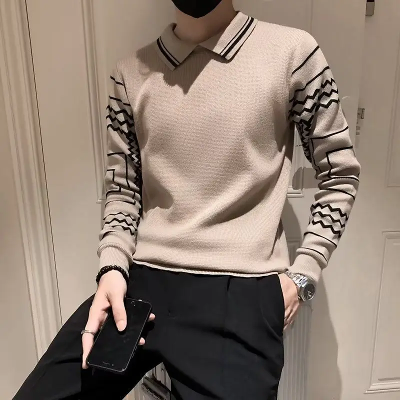 Striped Geometric Men's Clothing Long Sleeve Turn-down Collar Autumn Winter Sweater Pullover Knitted Fashion High Street Tops