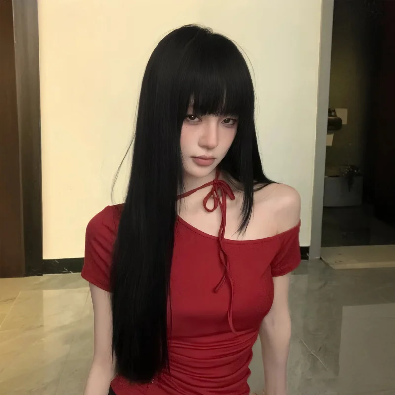 long straight for women with bangs, fluffy and natural, everyday black full , Fujiang manga wig