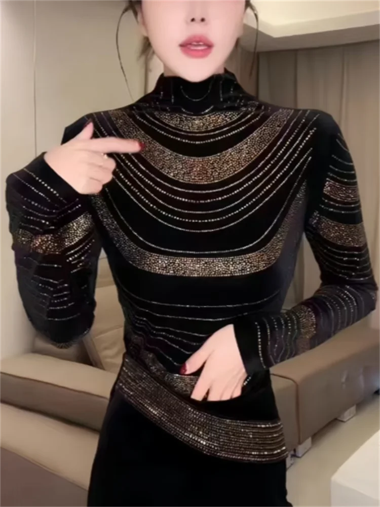 الماس التي شيرت المرأة عالية الرقبة تي شيرت طويلة الأكمام الساطع قاعدة أعلى ربيع الخريف امرأة عادية التي شيرت الشارع الشهير المحملة